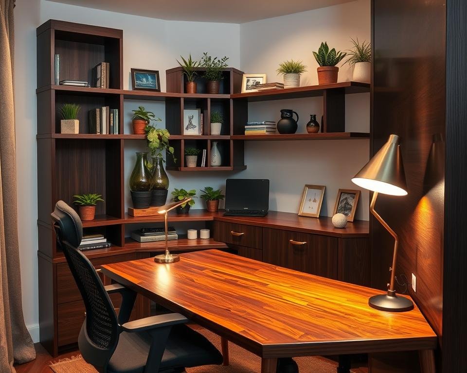 Creative workspace decor with dark wood