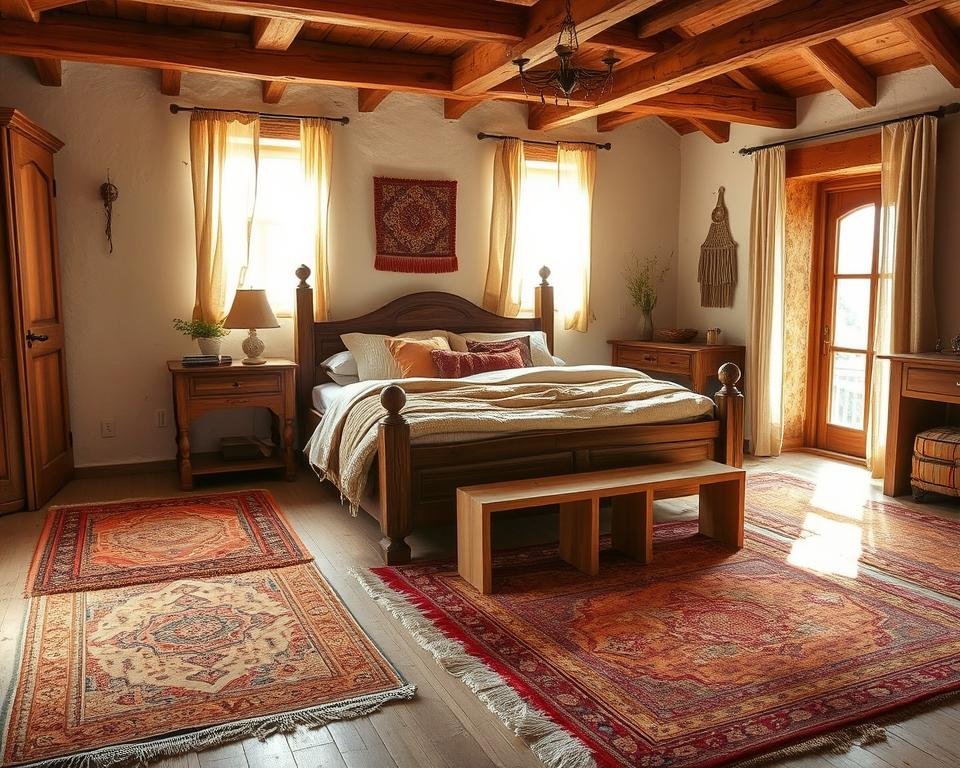 Layered rugs in rustic bedroom