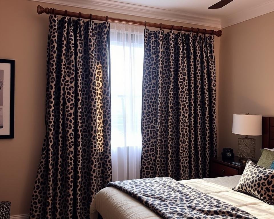 Leopard curtains in a bedroom