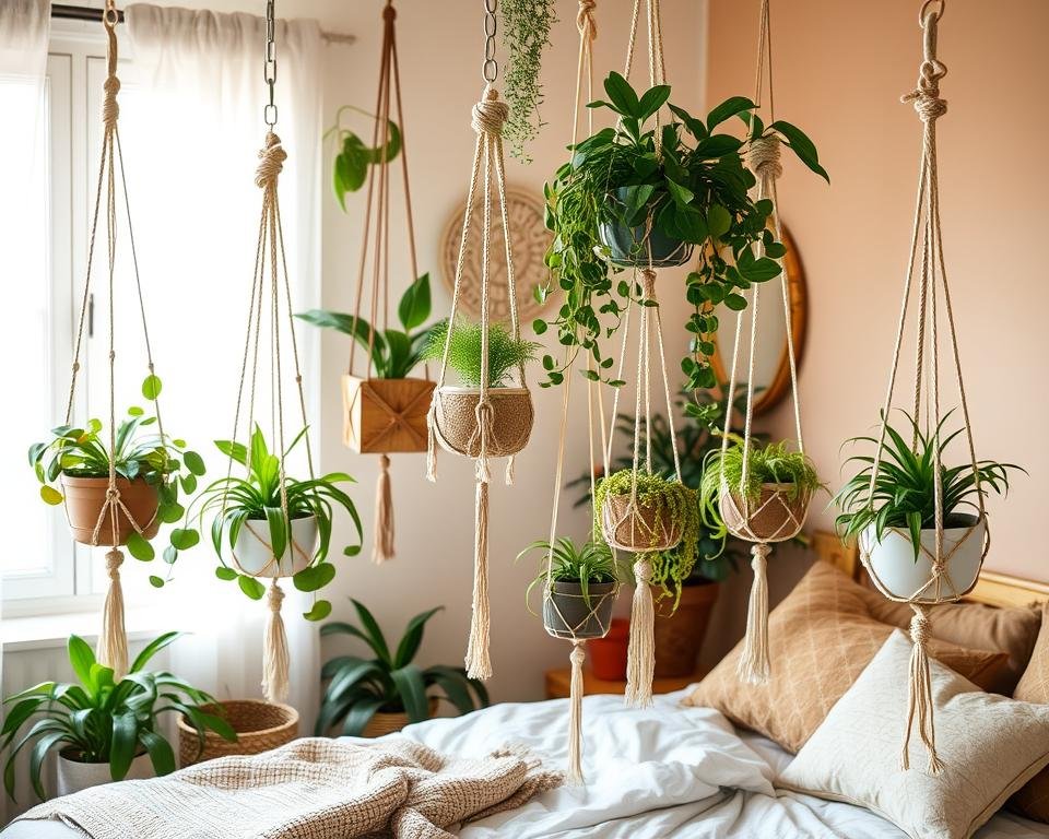 Macrame plant hangers in bedroom design