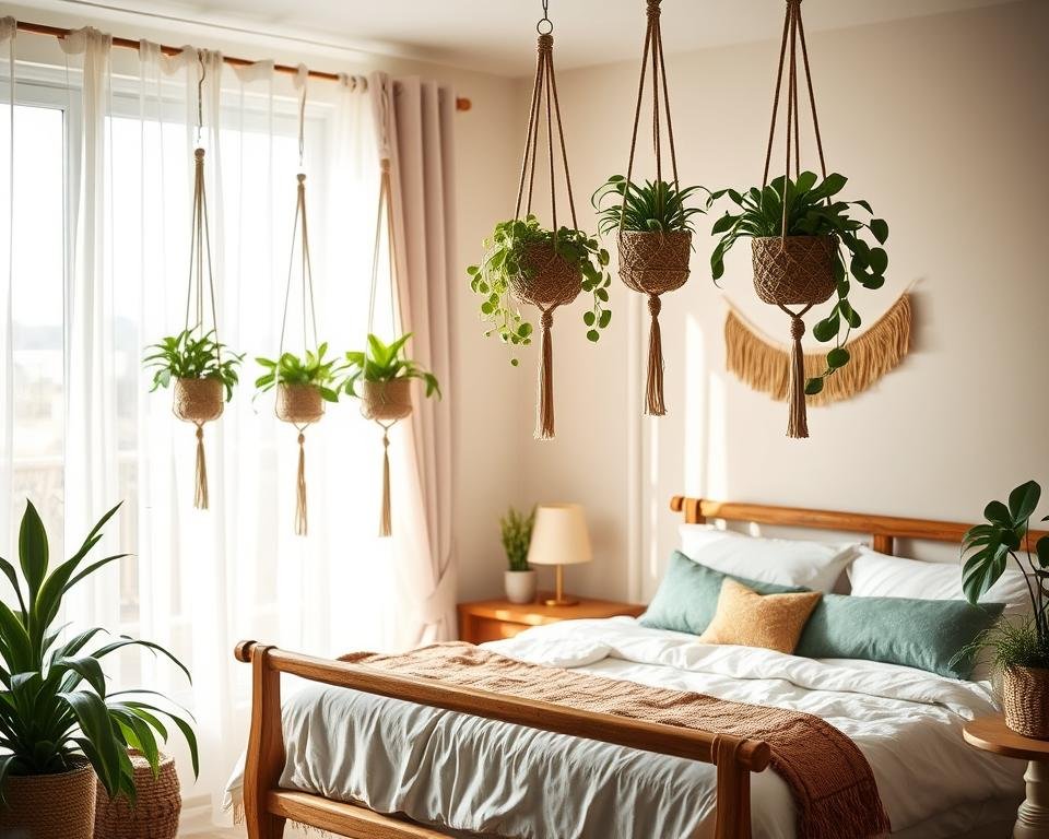 Macrame plant hangers in bedroom