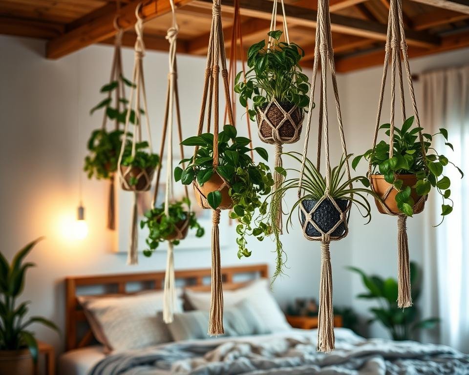 Macrame plant hangers with air-purifying plants