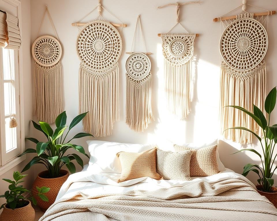 Macrame wall hangings in bedroom decor