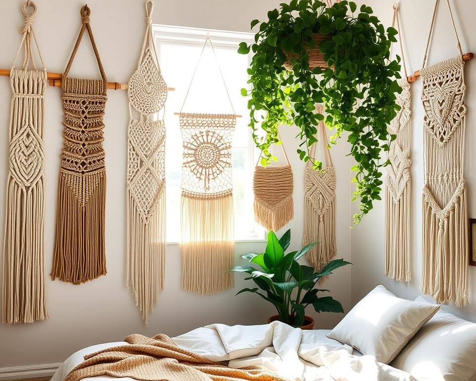 Macrame wall hangings in bedroom