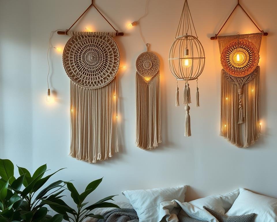 Macrame wall hangings with lighting