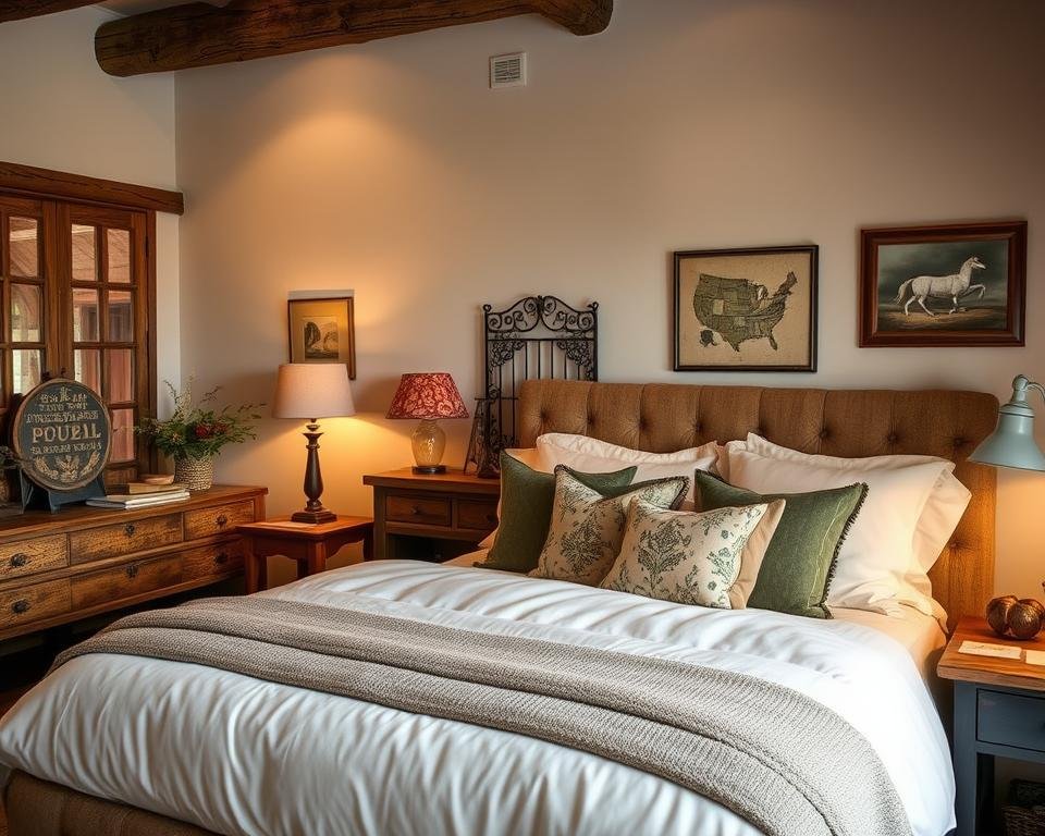 Rustic chic bedroom with luxurious bedding