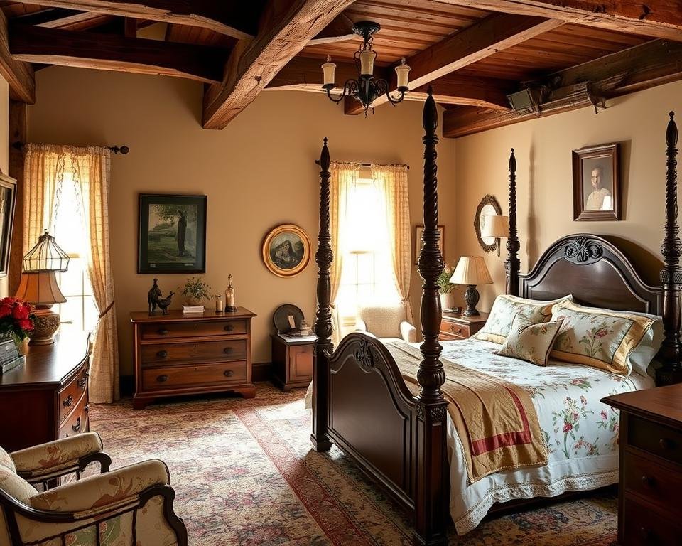 Vintage furniture in New England home decor bedroom