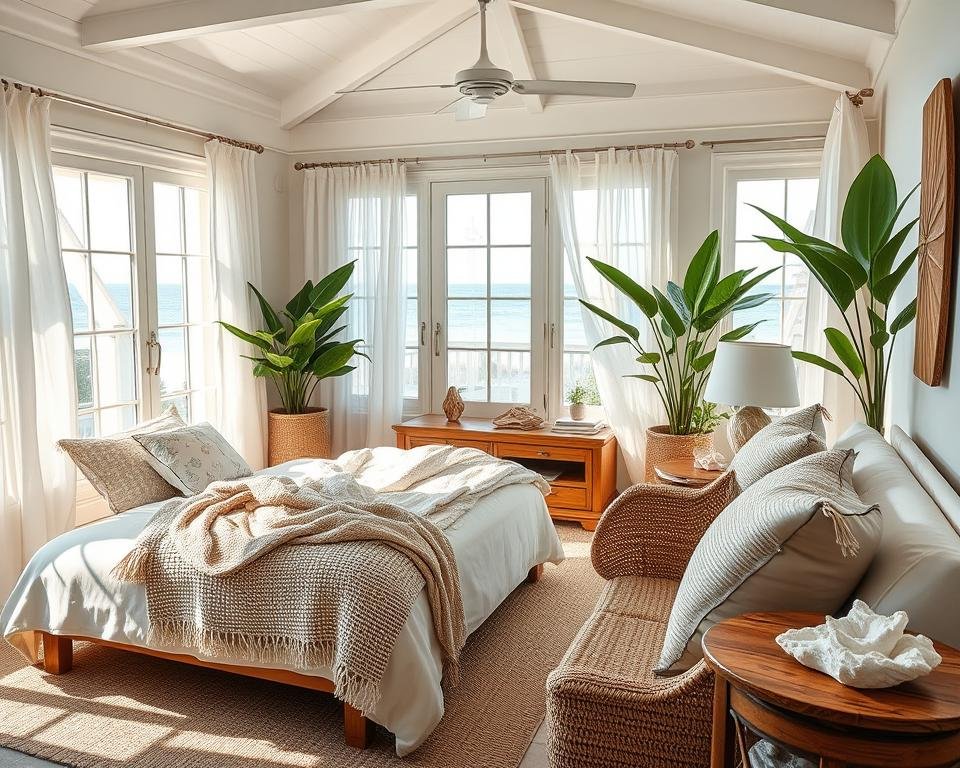 beach house style bedroom with natural elements