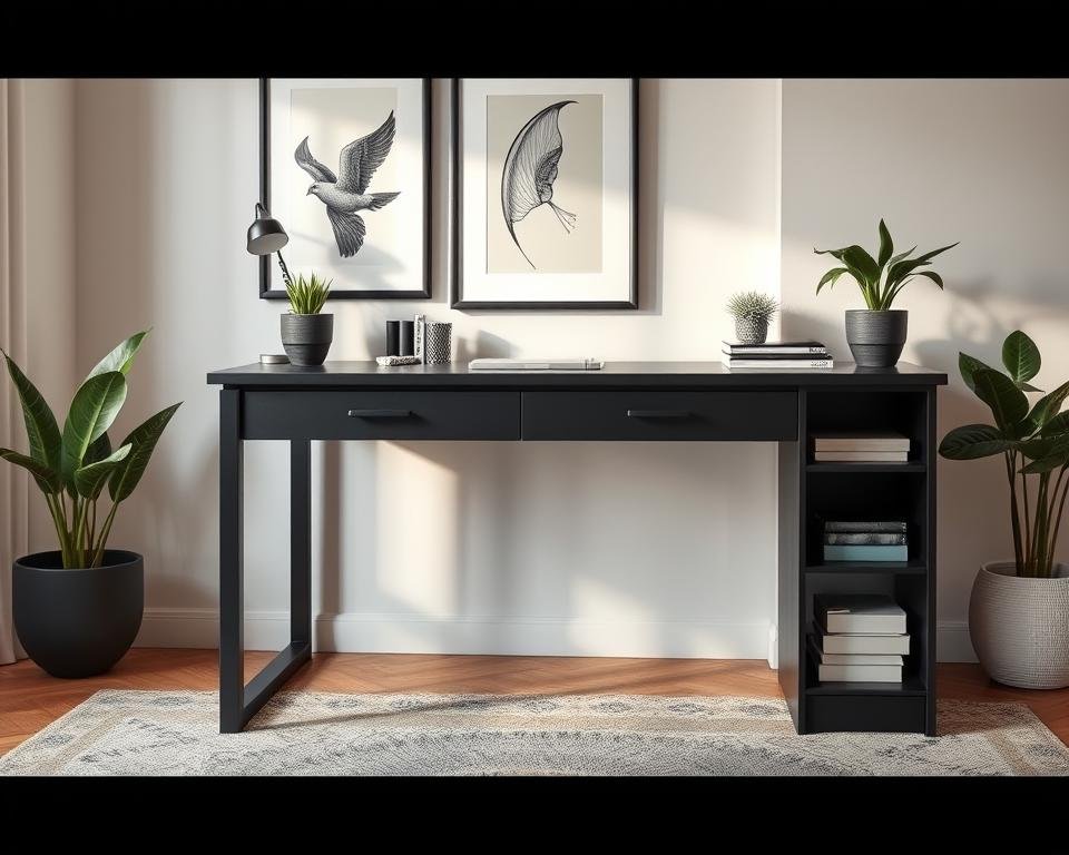 black office desk with storage