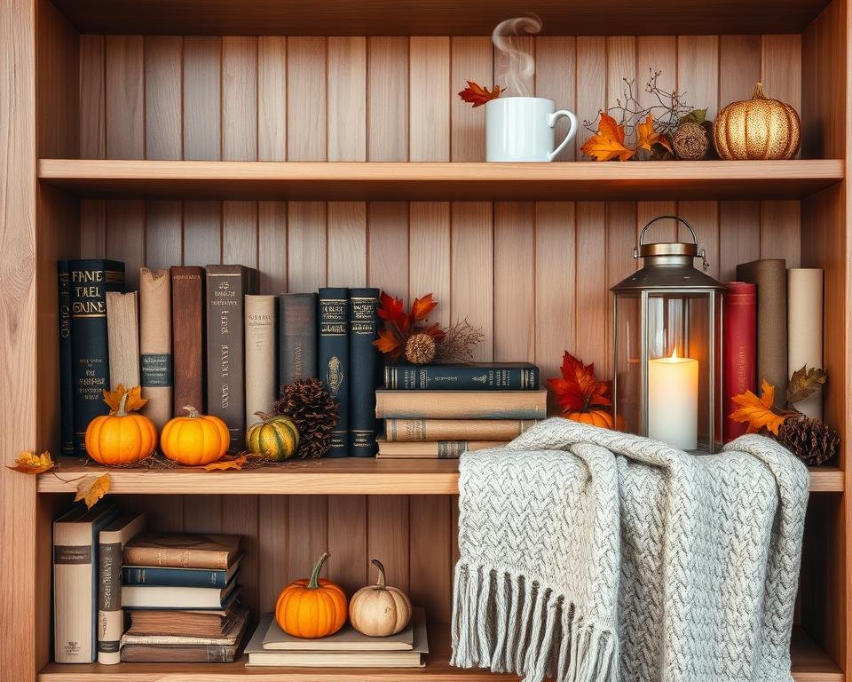 cozy fall bookshelf styling