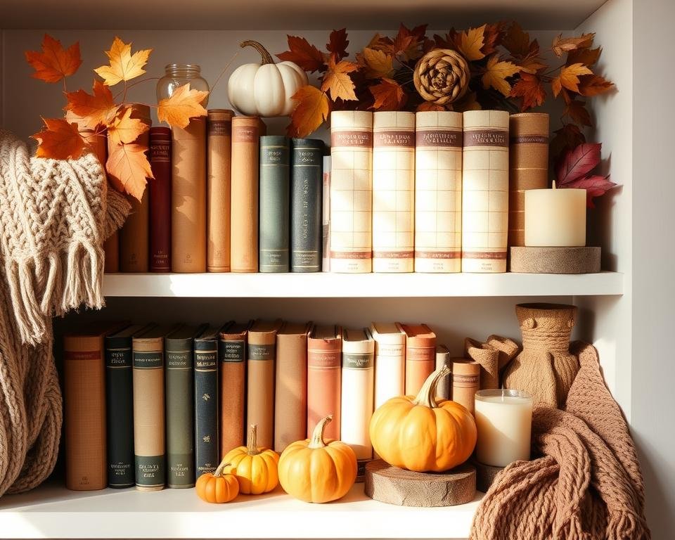 fall-themed bookshelf display