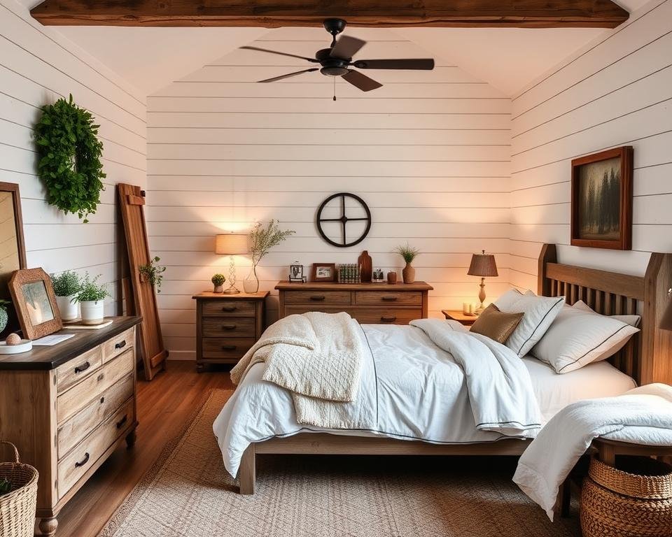 farmhouse bedroom decor with shiplap walls