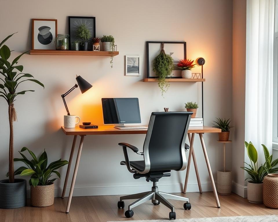 home office decor desk against wall