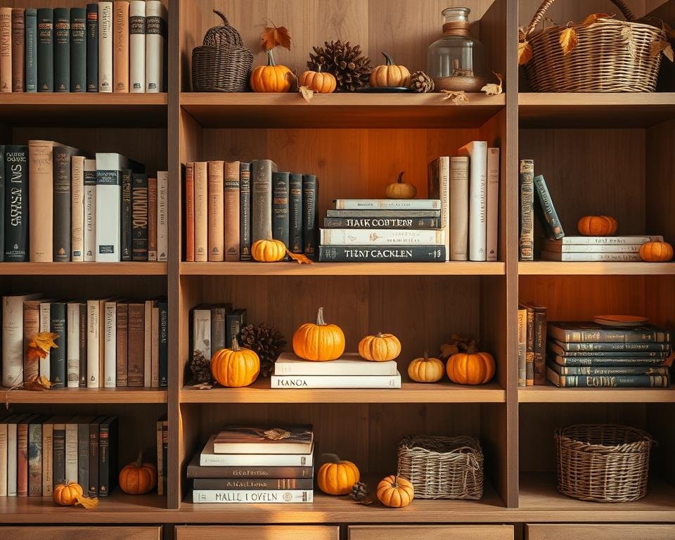 natural fall bookshelf accents