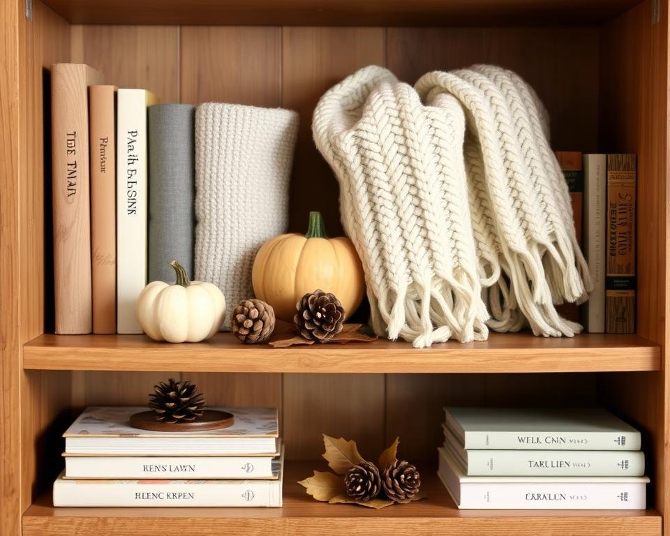 neutral fall bookshelf decor