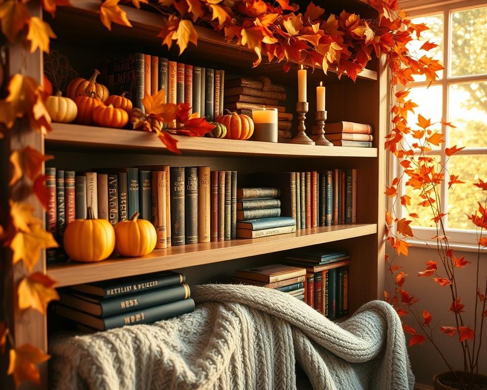 personal autumn bookshelf decor