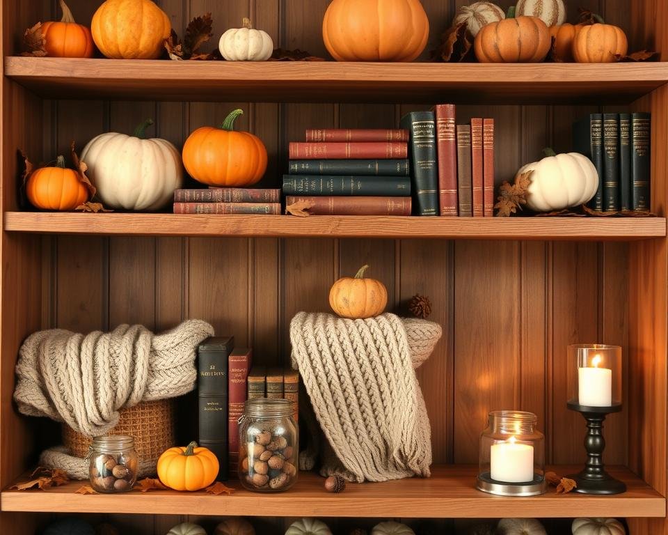 rustic fall bookshelf decor