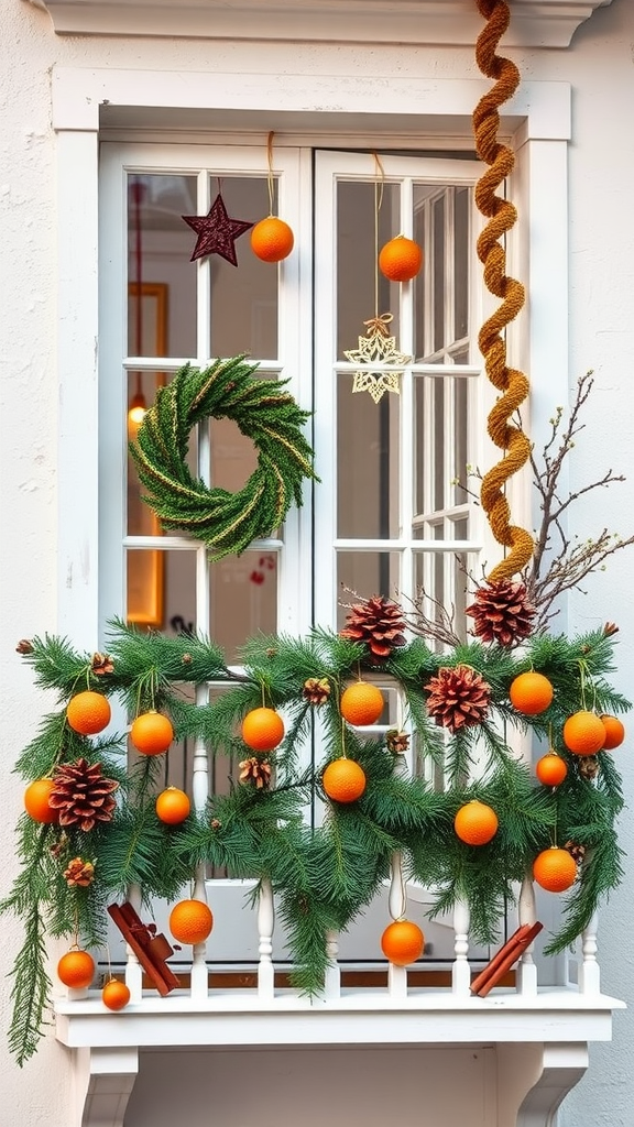 A beautifully decorated window with handmade ornaments, featuring oranges, pinecones, and greenery.