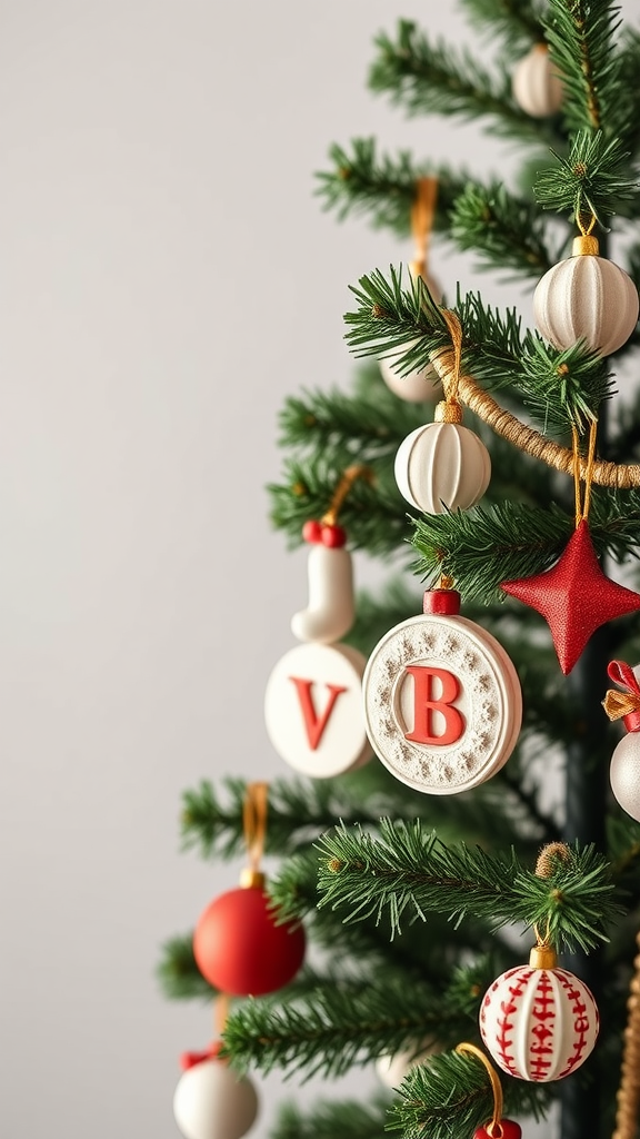 Close-up of a Christmas tree decorated with various artisan clay ornaments in different shapes and colors.