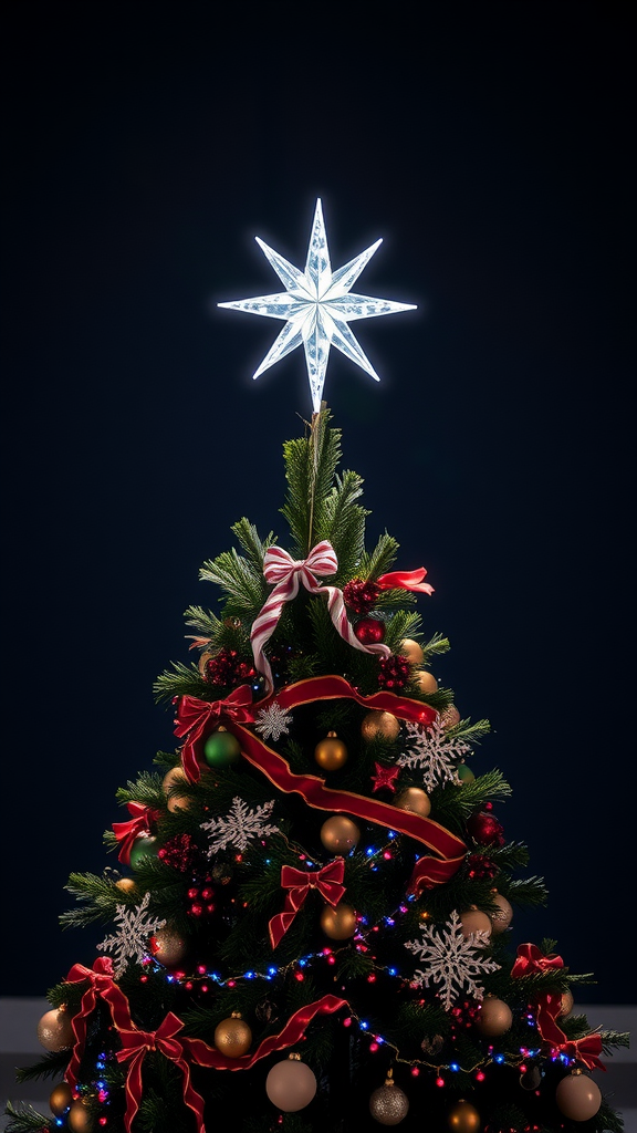 A beautifully decorated Christmas tree with a glittering star topper.