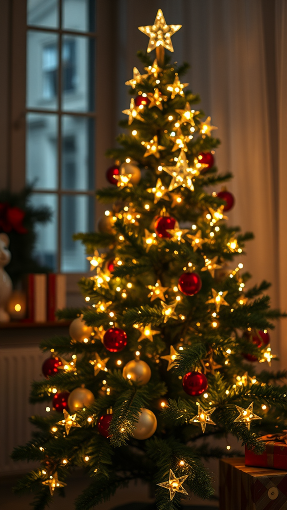 A beautifully decorated Christmas tree adorned with fairy lights and star-shaped ornaments.