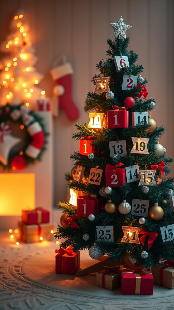 A Christmas tree decorated as an interactive advent calendar with numbered boxes and ornaments.