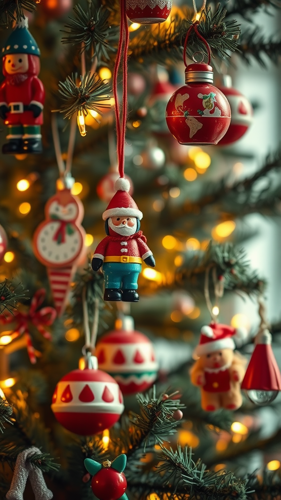 A close-up of a Christmas tree adorned with vintage toy ornaments including a Santa figure, colorful baubles, and playful designs.