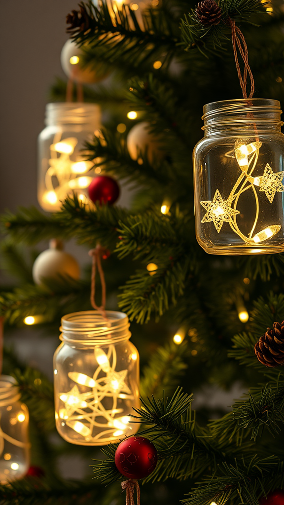 Decorated Christmas tree with illuminated glass jars hanging.