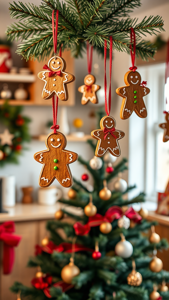 Homemade gingerbread ornaments hanging from a Christmas tree.