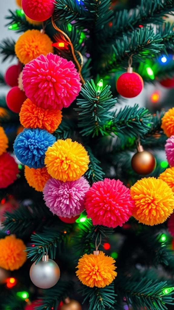 Colorful pom-pom garlands on a Christmas tree