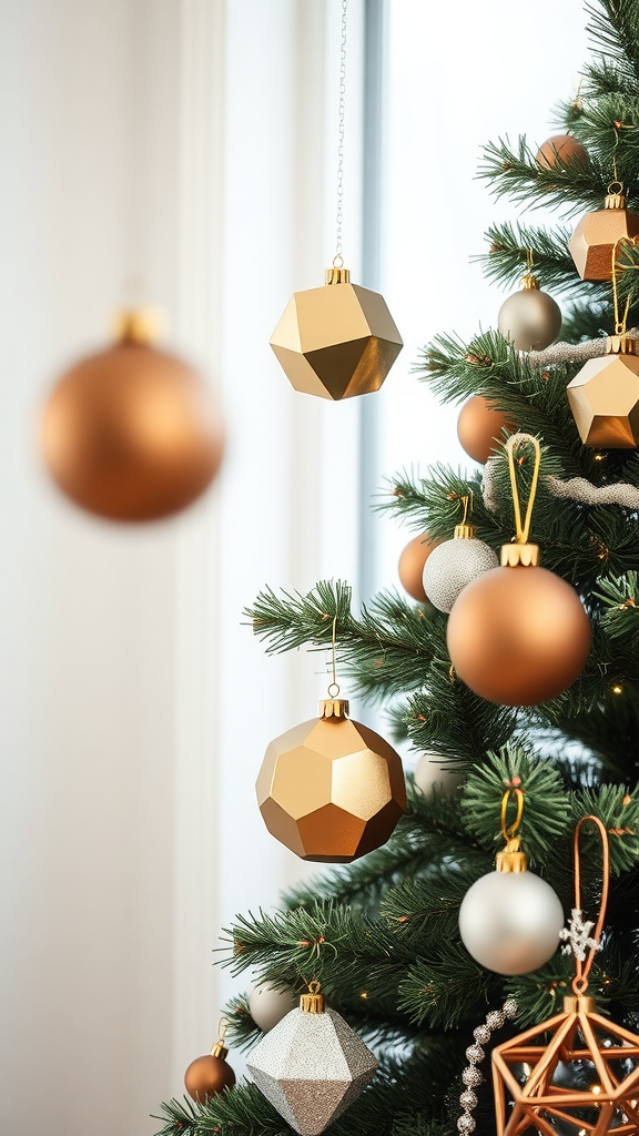 Christmas tree decorated with modern geometric ornaments in gold and silver.