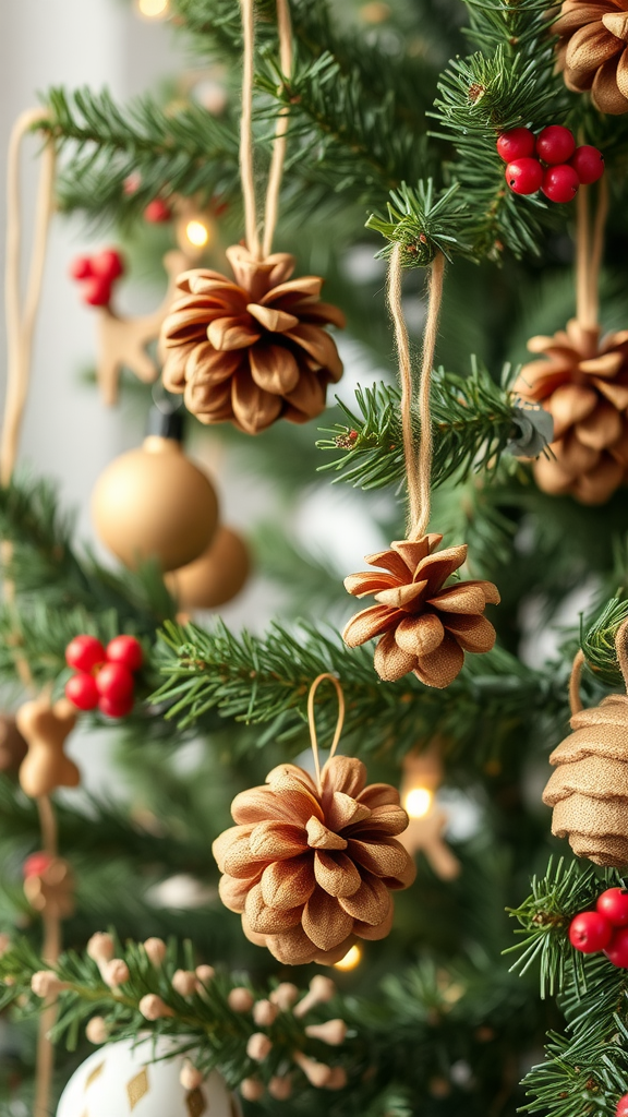 Decorated pinecone ornaments hanging on a Christmas tree