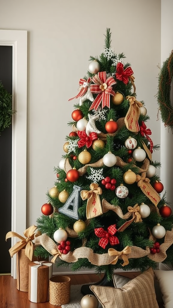 A beautifully decorated Christmas tree featuring rustic farmhouse decor like burlap ribbons, wooden ornaments, and plaid accents.