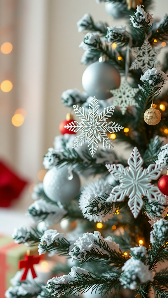 Close-up of a Christmas tree decorated with handmade paper snowflakes and ornaments.