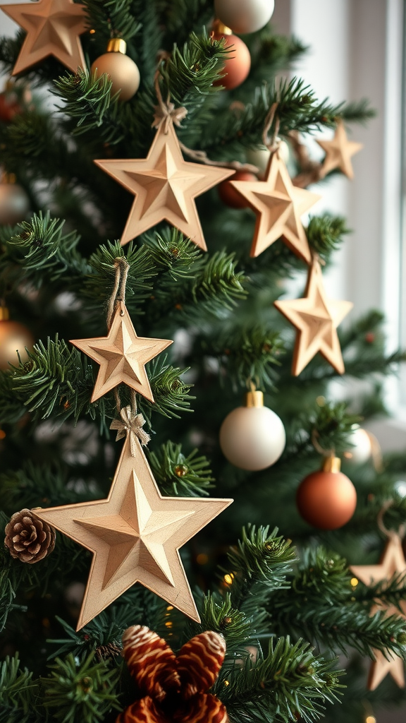 A Christmas tree decorated with rustic wooden stars and ornaments