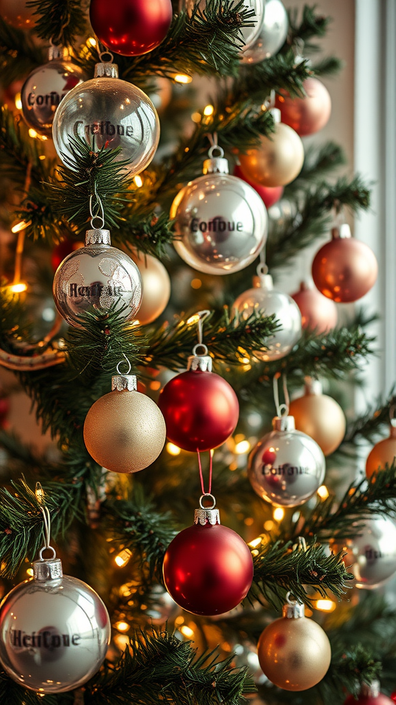 A Christmas tree adorned with vintage glass baubles in red, gold, and silver.