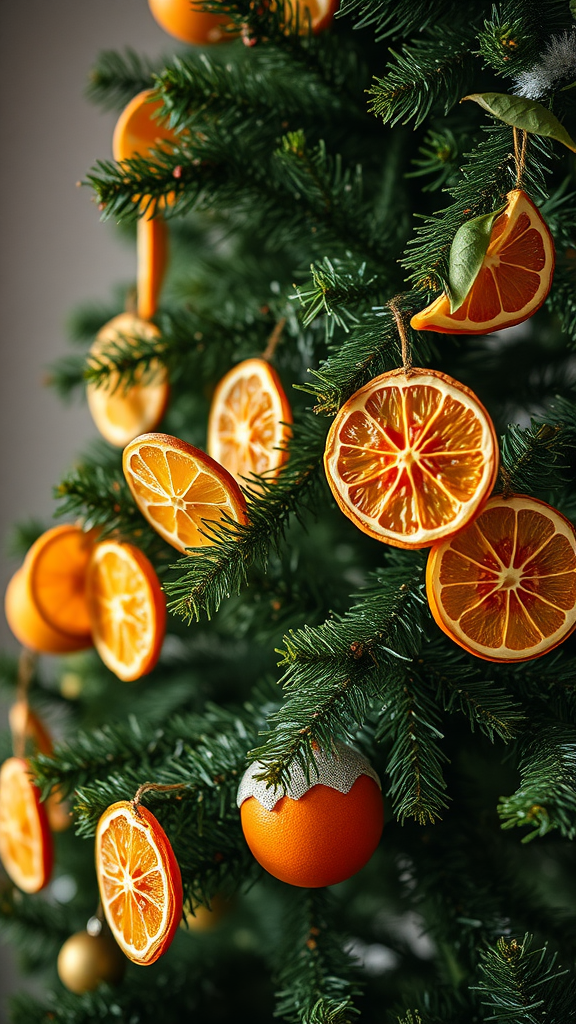 Christmas tree decorated with dried orange and lemon slices.