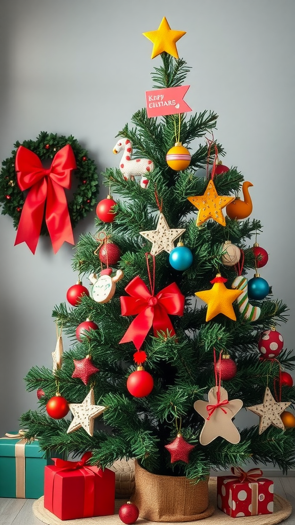 Christmas tree decorated with colorful ornaments and craft decorations.