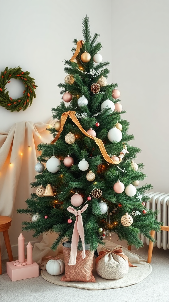 A beautifully decorated Scandinavian style Christmas tree with soft colors and natural materials.