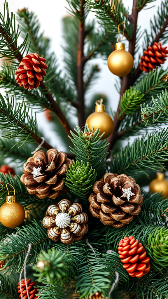 Close-up of a Christmas tree with pinecones and golden ornaments