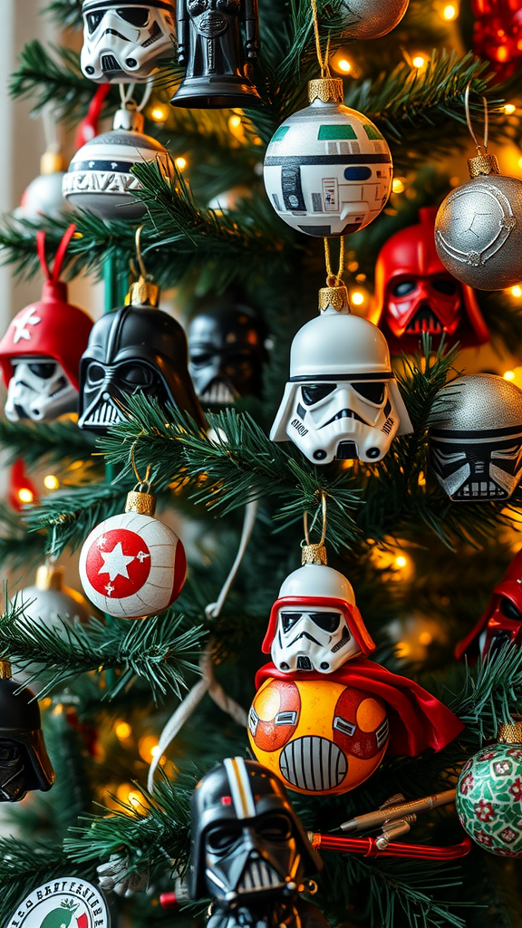 Christmas tree decorated with Star Wars-themed ornaments, including Darth Vader, Stormtroopers, and R2-D2.