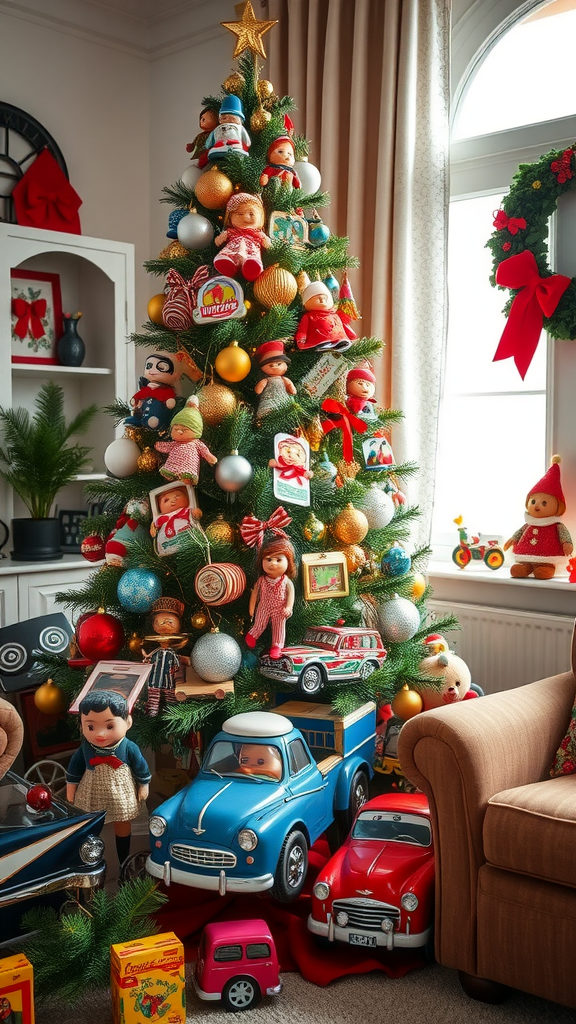 A Christmas tree decorated with vintage toys, including dolls and classic cars, creating a whimsical holiday theme.