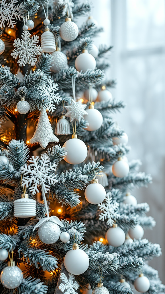 A beautifully decorated Christmas tree with snowy white ornaments and snowflake decorations.