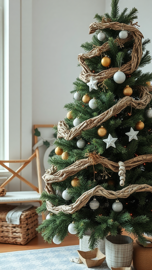 A Christmas tree adorned with driftwood garlands and colorful ornaments.