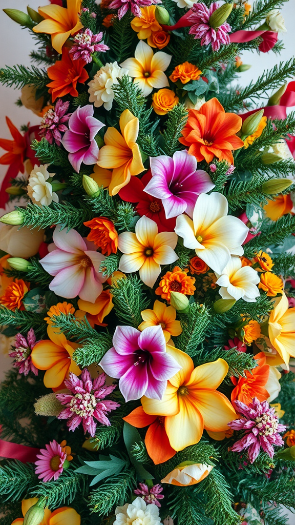 Colorful floral decorations on a Christmas tree