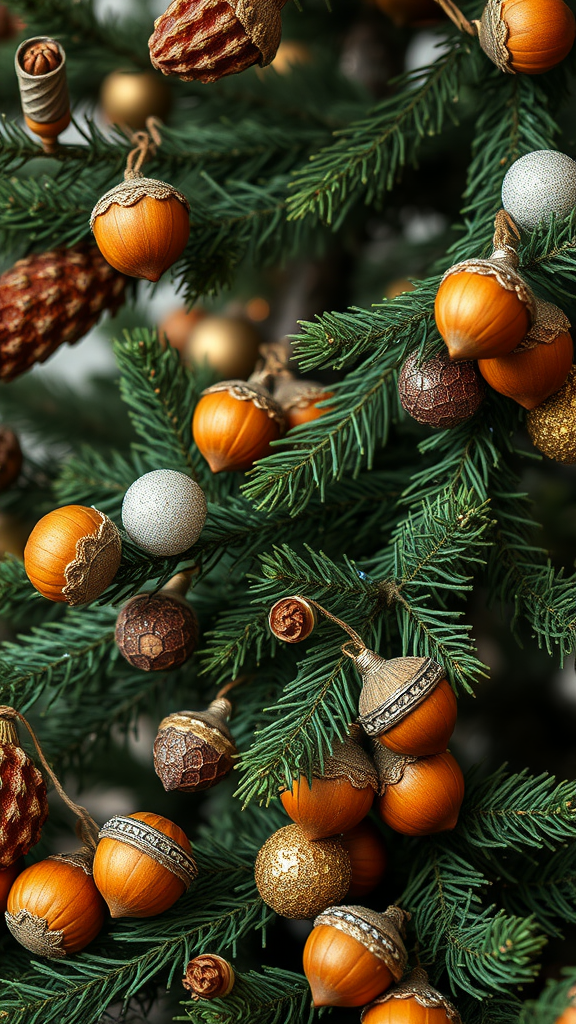 Christmas tree decorated with acorn ornaments and other natural elements.