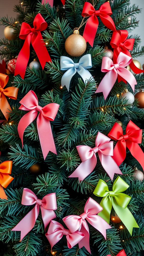 A Christmas tree decorated with colorful ribbon bows in red, pink, blue, green, and orange.