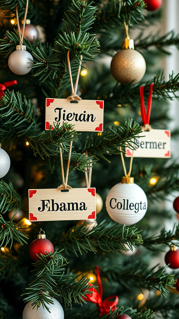 Christmas tree with personalized name tags hanging among ornaments.