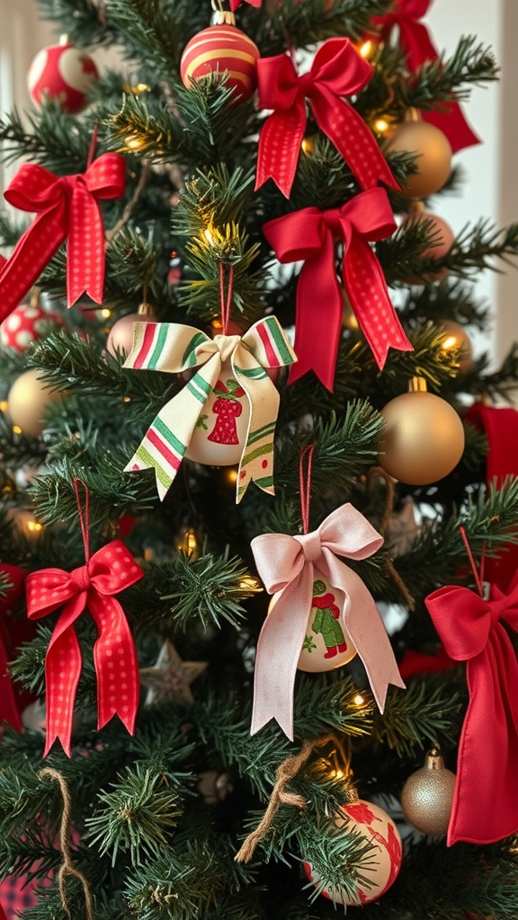 Christmas tree decorated with red and gold ornaments and bows.