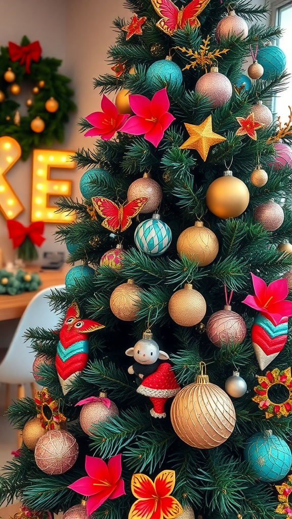 Tropical themed Christmas tree with colorful ornaments and flowers